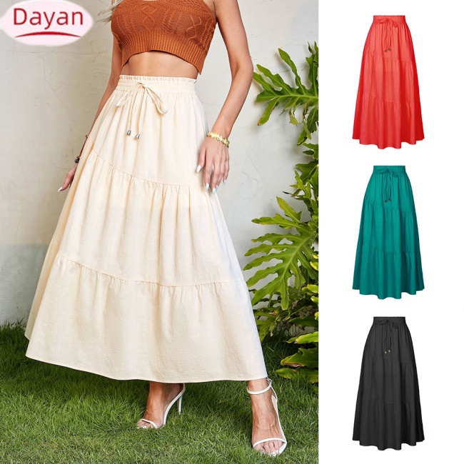 Dayan phụ nữ thun cao eo a-line váy mùa hè cotton linen thanh lịch màu