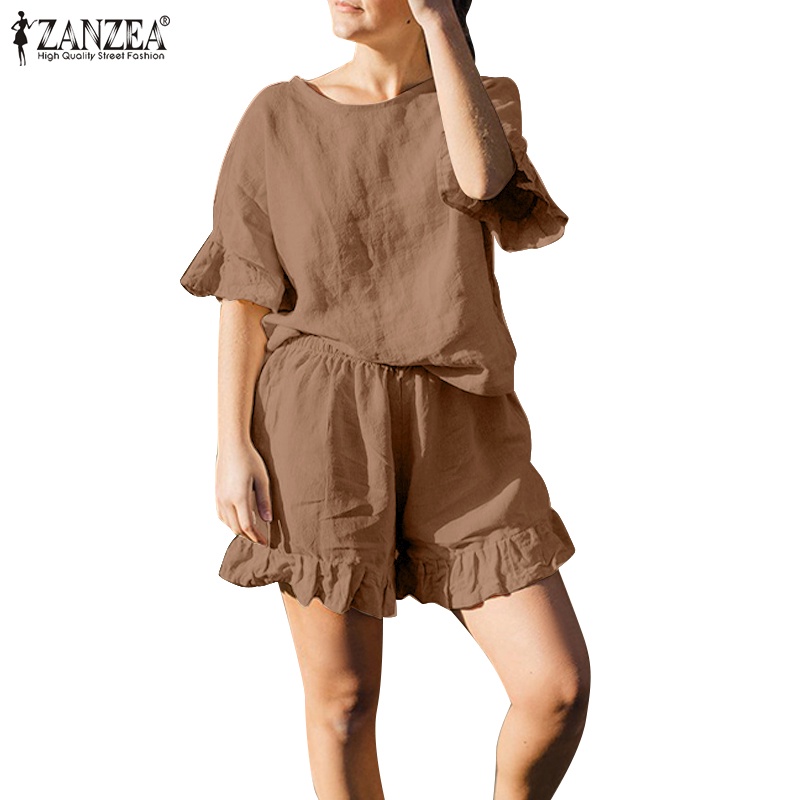 Bộ đồ ZANZEA gồm áo tay lửng và quần short lai bèo đơn giản thời trang cổ điển dành cho nữ