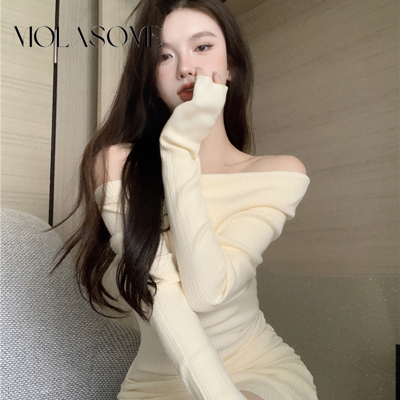 Đầm nữ MOLASOME màu trơn tay dài trễ vai sexy dễ phối đồ 2023 off