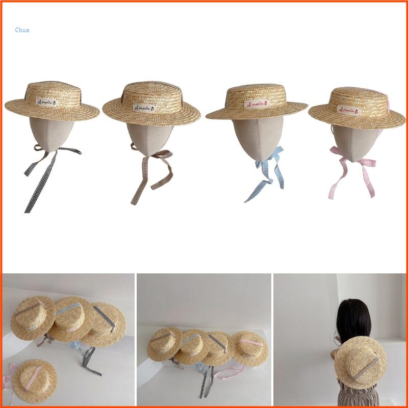 Chua toddler mũ chống nắng bé gái bé trai mũ dễ thương mùa hè thoáng khí mũ rơm có dây đai phẳng đầu bé kỳ nghỉ hè