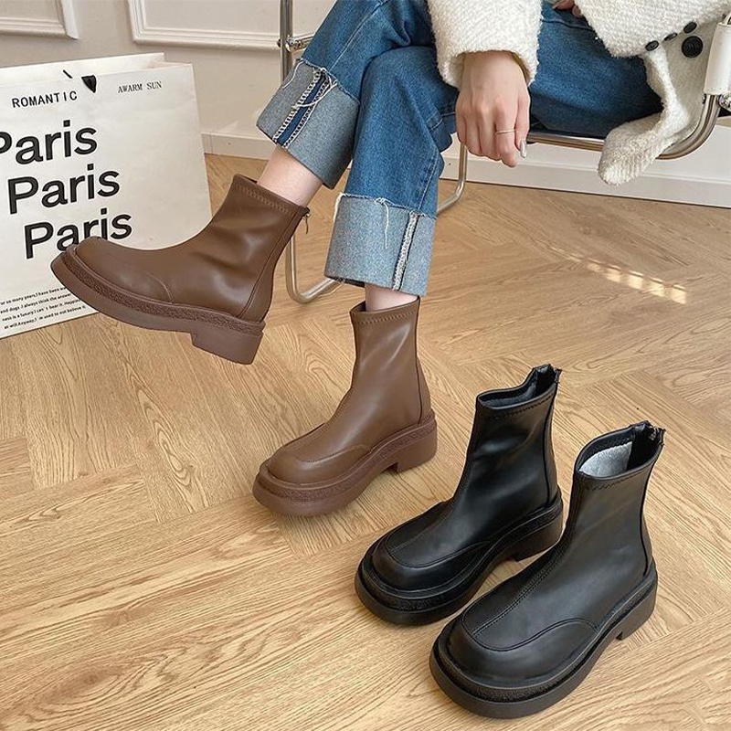 Qinos booties Giày Bốt martin Mũi Tròn Đế Dày Phong Cách retro Mùa Hè