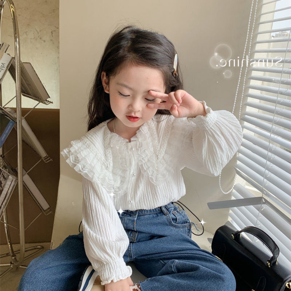 Cô gái mùa thu áo sơ mi ren trẻ em mới ve áo dài tay áo thời trang bé màu rắn áo sơ mi dưới