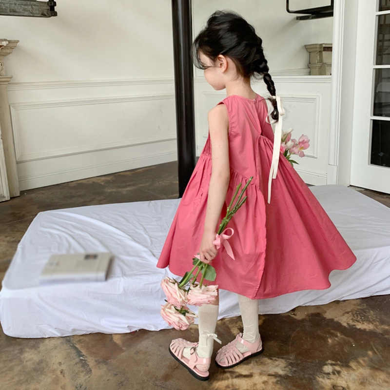 Trẻ em hàn quốc cô gái thường không tay xù váy đồng màu