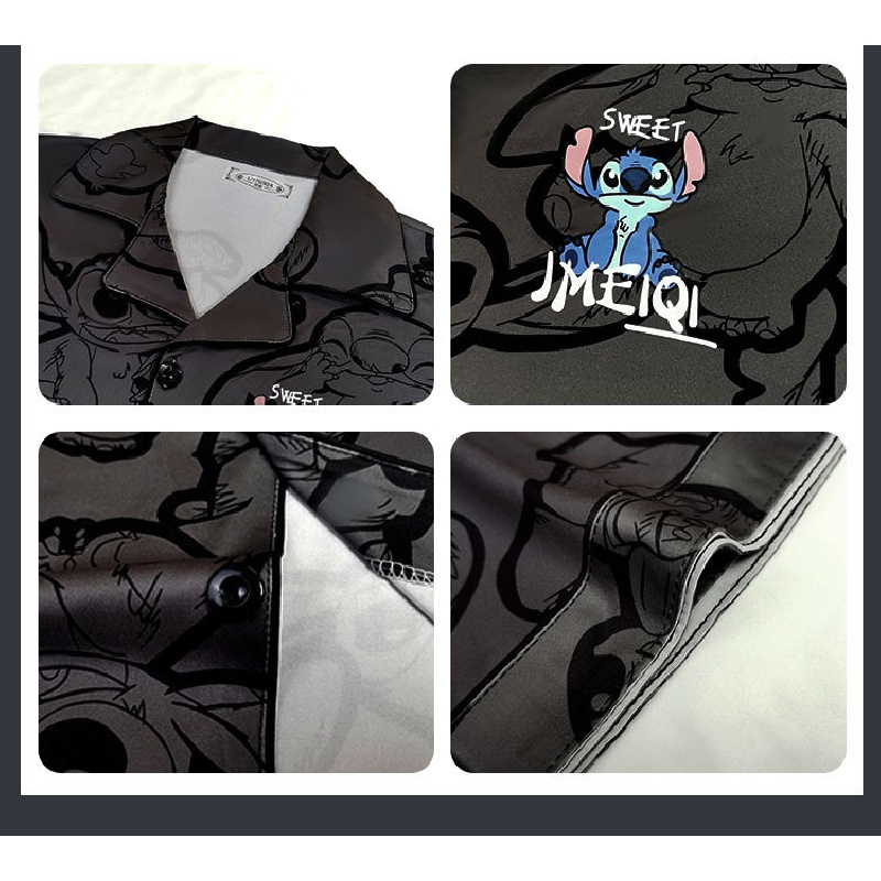 Bộ pijama đồ đôi Bộ đồ ngủ phi bóng dành cho cặp đôi Stitch cartoon couple pyjamas pure cotton short-sleeved high-end loungewear three-piece set