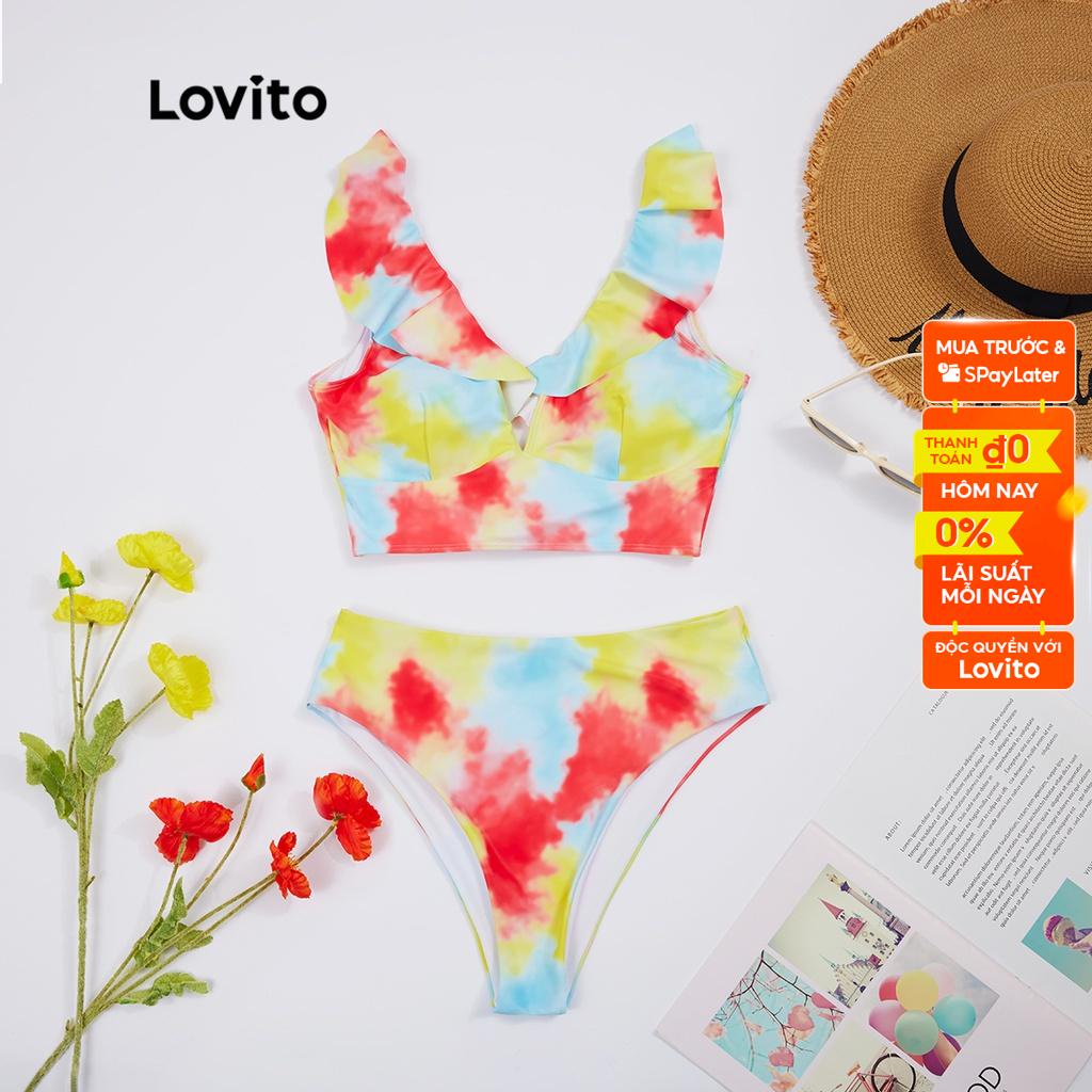 Set Bikini LOVITO dây thắt viền xếp ly họa tiết nhuộm màu loang phong cách boho các miếng đệm có thể tháo rời L18X383 (Màu vàng)