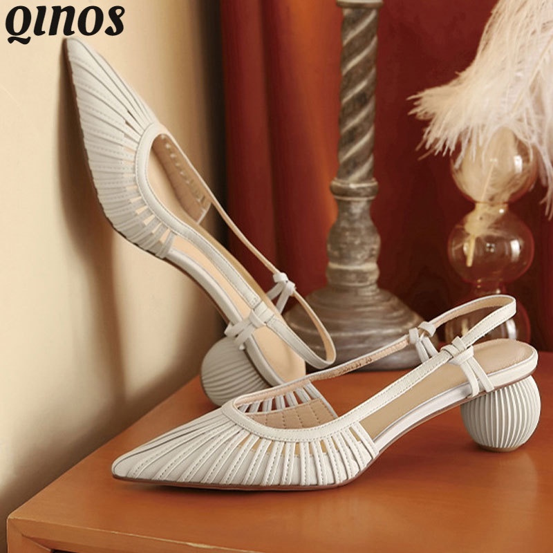 Qinos sandals mùa hè xu hướng mới mũi nhọn kiểu pháp rỗng buổi tối muộn gió trở lại giày trống mid-heel baotou sandals