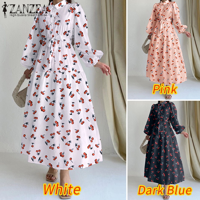 Đầm maxi ZANZEA dáng chữ A tay dài phồng in họa tiết hoa thời trang thanh lịch cho nữ