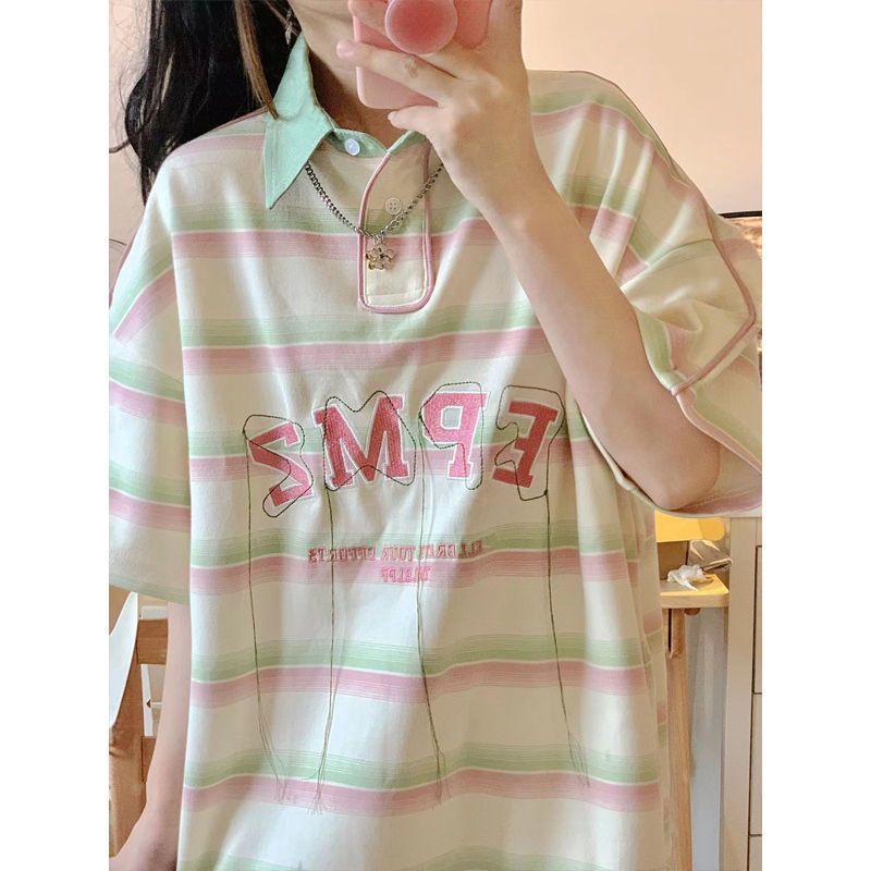 Áo polo Ngắn Tay Dáng Rộng Họa Tiết Kẻ Sọc Màu Tương Phản Thời Trang Mùa Hè Cho Nữ