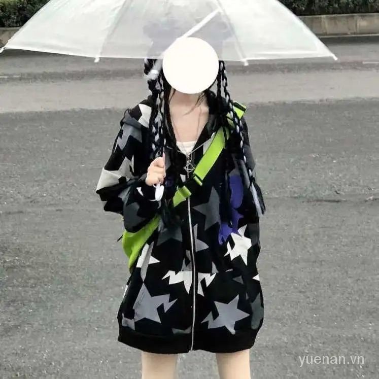 Áo Khoác Cardigan Có Nón Dáng Rộng In Hình Ngôi Sao Năm Cánh Phong Cách Đường Phố Mỹ Thời Trang Xuân Thu Cho Nữ