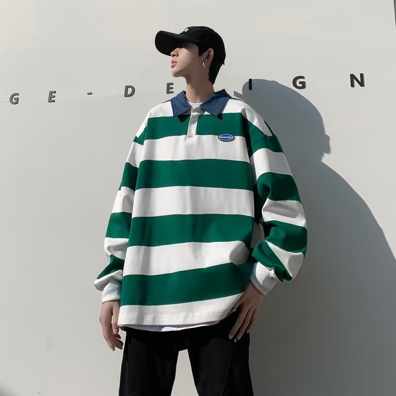 Áo Thun POLO Tay Dài Dáng Rộng Họa Tiết Kẻ Sọc Phong Cách Harajuku Thời Trang Mùa Hè Mới 2023 Dành Cho Bạn Nam