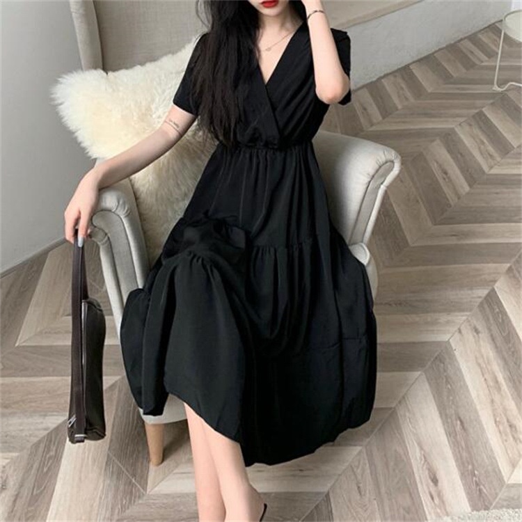 IELGY  Đầm Dài Cổ Chữ v Màu Đen Phong Cách Pháp Thời Trang Cho Nữ