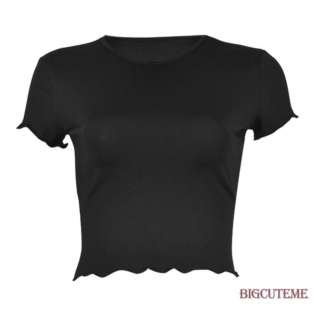 Áo Croptop Tay Ngắn Cổ Tròn Màu Trắng / Đen Thời Trang Mùa Hè Cho Nữ