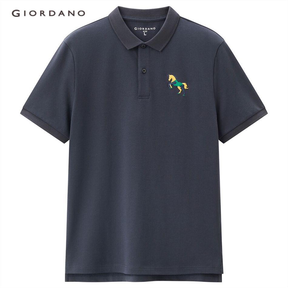 Áo polo nam GIORDANO 13013212 chất liệu pique dệt kim co giãn tốt tay ngắn thêu họa tiết kì lân thời trang