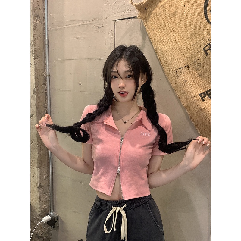 Áo Thun Xám Tay Ngắn Phối Khóa Kéo Đôi Thời Trang Mùa Hè Cho Nữ Gor22