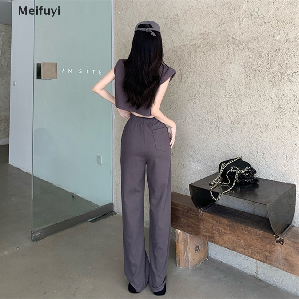 Bộ Áo Croptop Sát Nách Màu Trơn + Quần Ống Rộng Lưng Cao Thời Trang Mùa Hè Cho Nữ