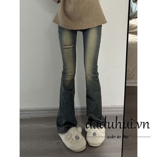 Daduhui New Korean version of ins high waist retro washed jeans niche high waist flared pants ripped pants