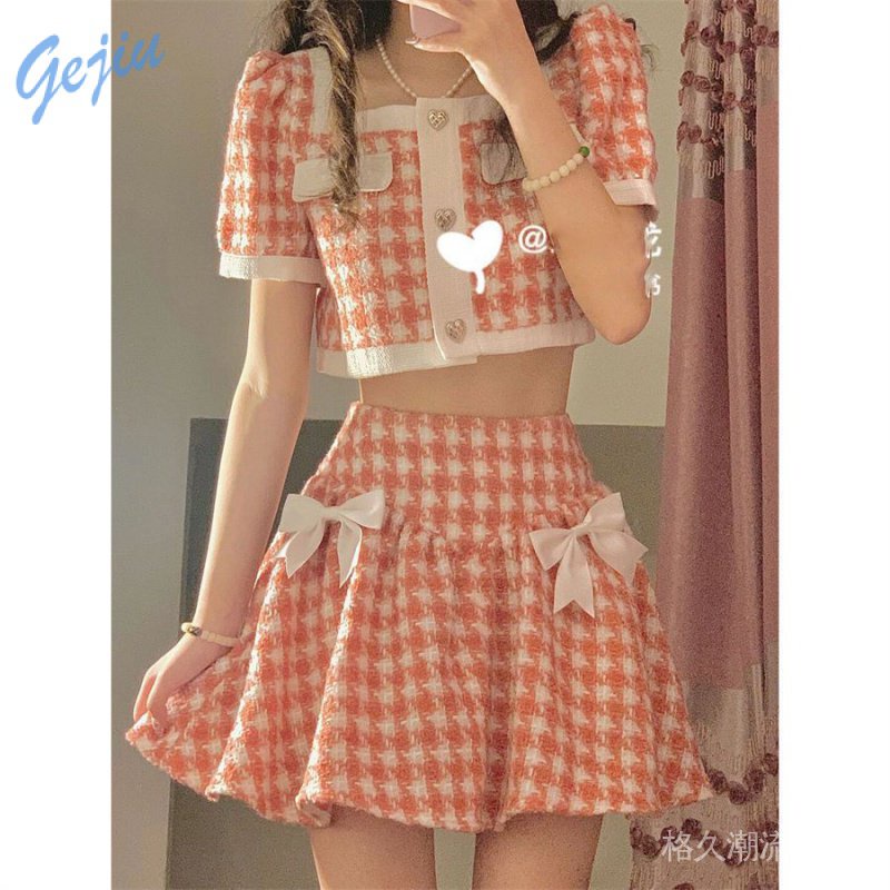Set Áo Croptop + Chân Váy Thắt Nơ Phong Cách Hàn Quốc Ngọt Ngào Thời Trang Mùa Hè Cho Nữ 4SZF
