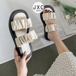JINxCHOY  Giày sandal gót thấp hở ngón phối hai quai đơn giản thời trang mới