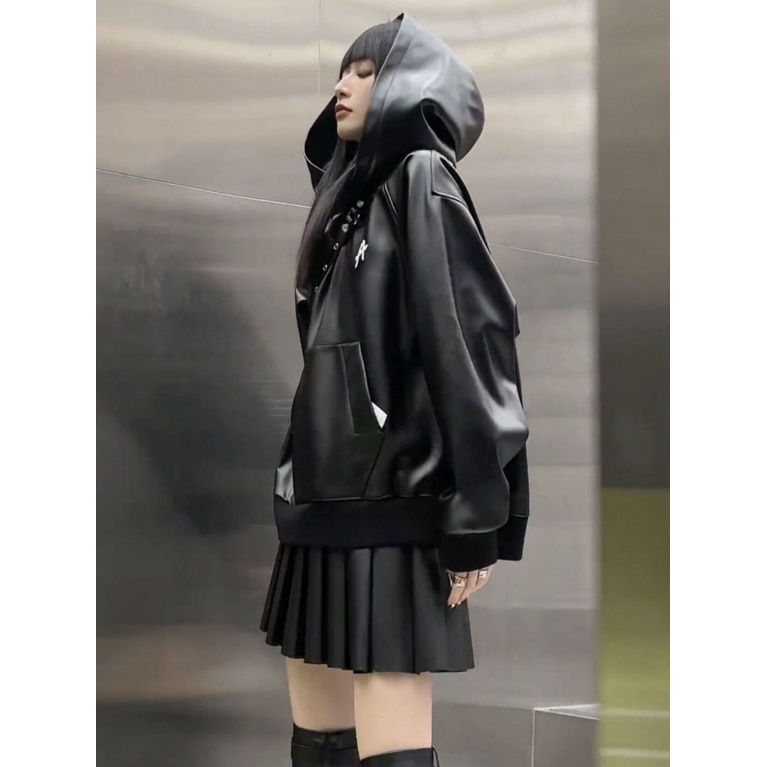 Áo Hoodie Da Pu Dáng Rộng Phong Cách Mỹ Thời Trang Xuân Thu 2023