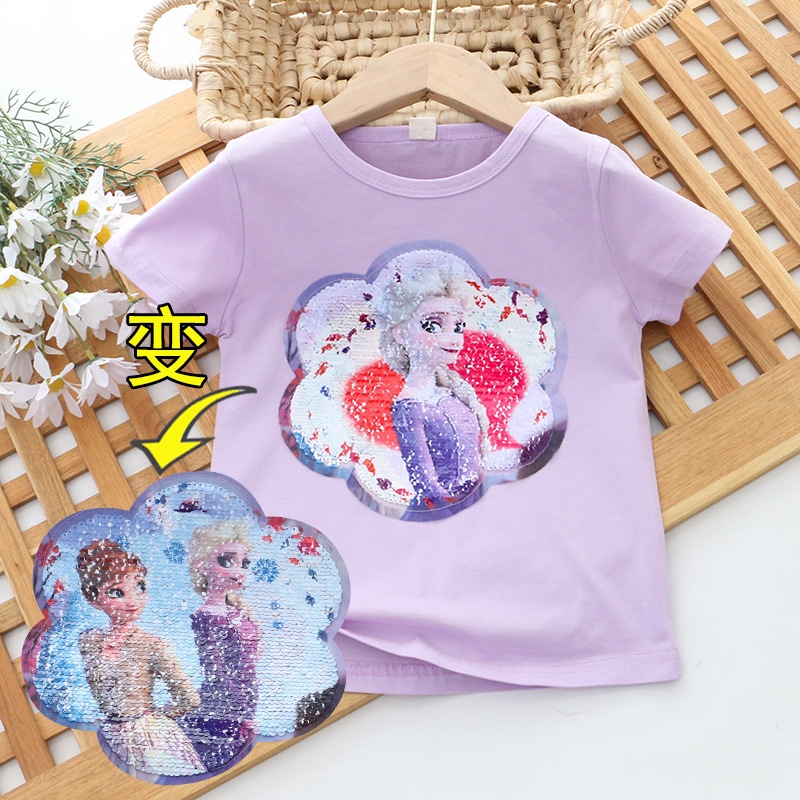 Áo Thun Cotton Tay Ngắn In Hình Công Chúa Elsa Đính Kim Sa Nhiều Màu Sắc Thời Trang Mùa Hè Cho Bé Gái 2-8 Tuổi