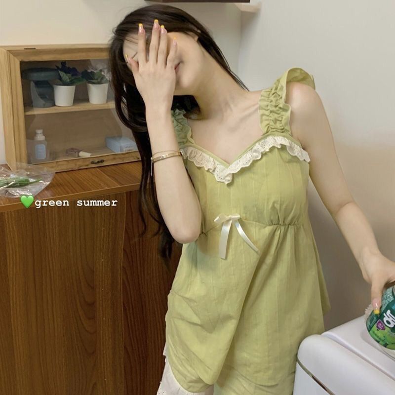 Bộ Đồ Ngủ Hai Dây Phối Ren Có Miếng Đệm Ngực Thời Trang Mùa Hè Cho Nữ