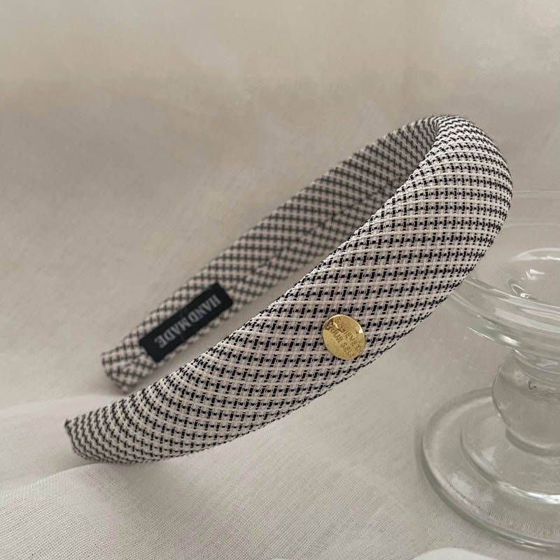 Băng Đô Cài Tóc Bằng Xốp Và Vải Kẻ Sọc Caro In Chữ Kim Loại Thời Trang Hàn Quốc