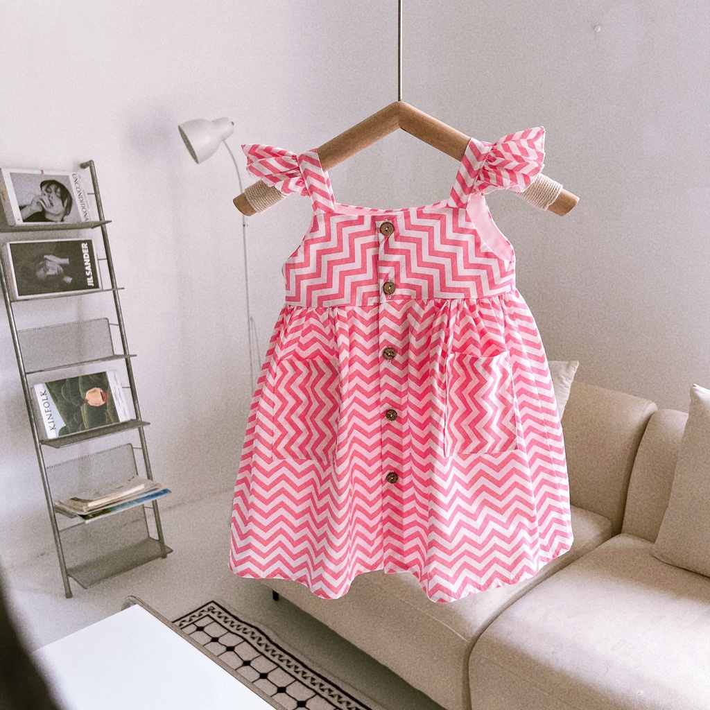 Váy bé gái hai dây cánh tiên phối túi có 2 màu hồng, xám