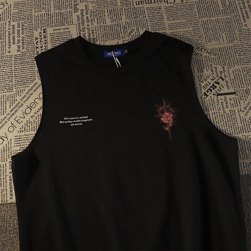 American Fashion Brand Retro Rose Cotton Vest Men's Loose Outer Wear Ins Street Style Sleeveless T-shirt Sports Top XCUU