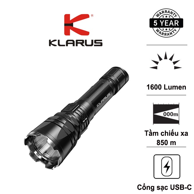 Đèn pin chiếu xa KLARUS XT12GT Pro độ sáng 1600 lumen chiếu xa 850m kèm pin 21700 5000mAh USB-C