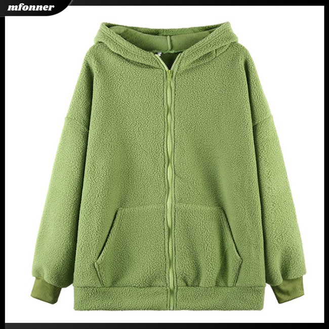 Áo Khoác Dáng Rộng Màu Trơn Phối Lông Ấm Áp Dễ Thương Cho Nữ