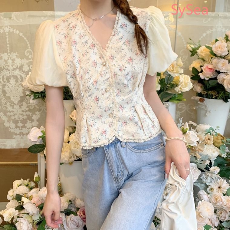 Áo Kiểu Tay Phồng Cổ Chữ V Phối Ren Hoa Phong Cách Retro Pháp