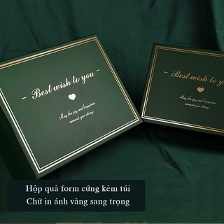 Hộp quà xanh lá 33x25cm form cứng nắp in chữ vàng H20 hộp đựng quà kèm rơm rối đựng quà tặng