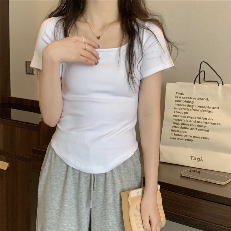 Áo Thun Ngắn Tay Cổ Chữ U Ôm Dáng Xinh Xắn Dành Cho Nữ