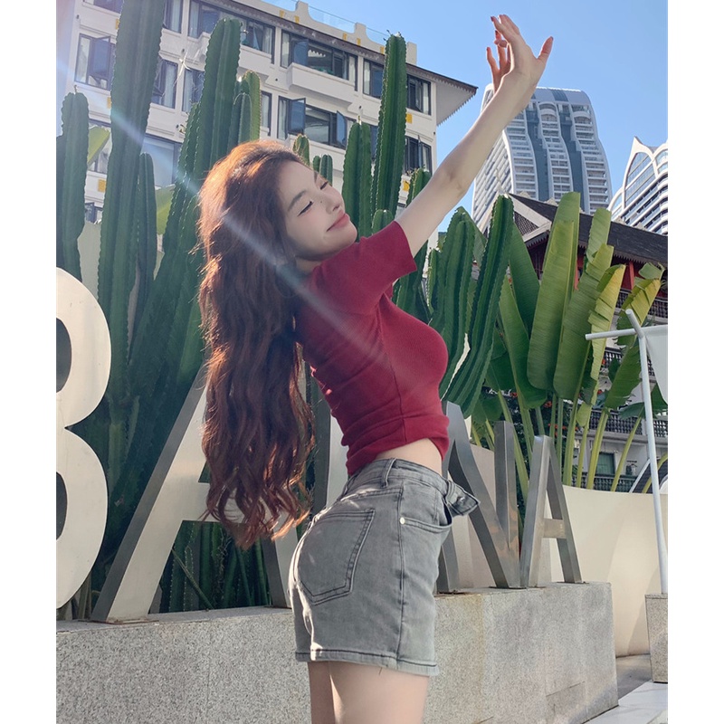 Áo Thun Tay Ngắn Cổ Tròn Màu Sắc Đơn Giản Cho Nữ