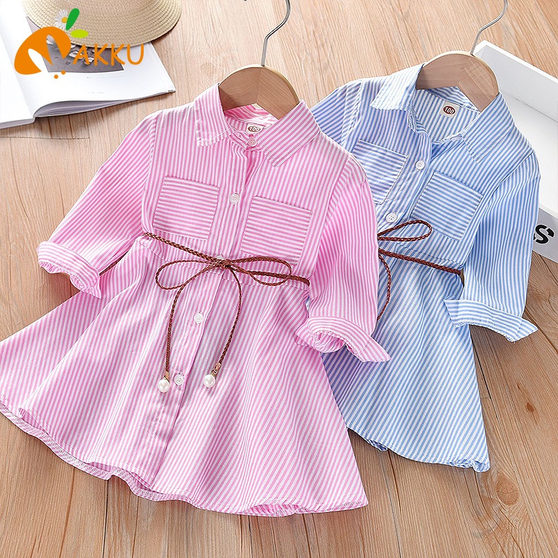 Đầm Sơ Mi Kẻ Sọc Phong Cách Hàn Quốc Cho Bé Gái Aku