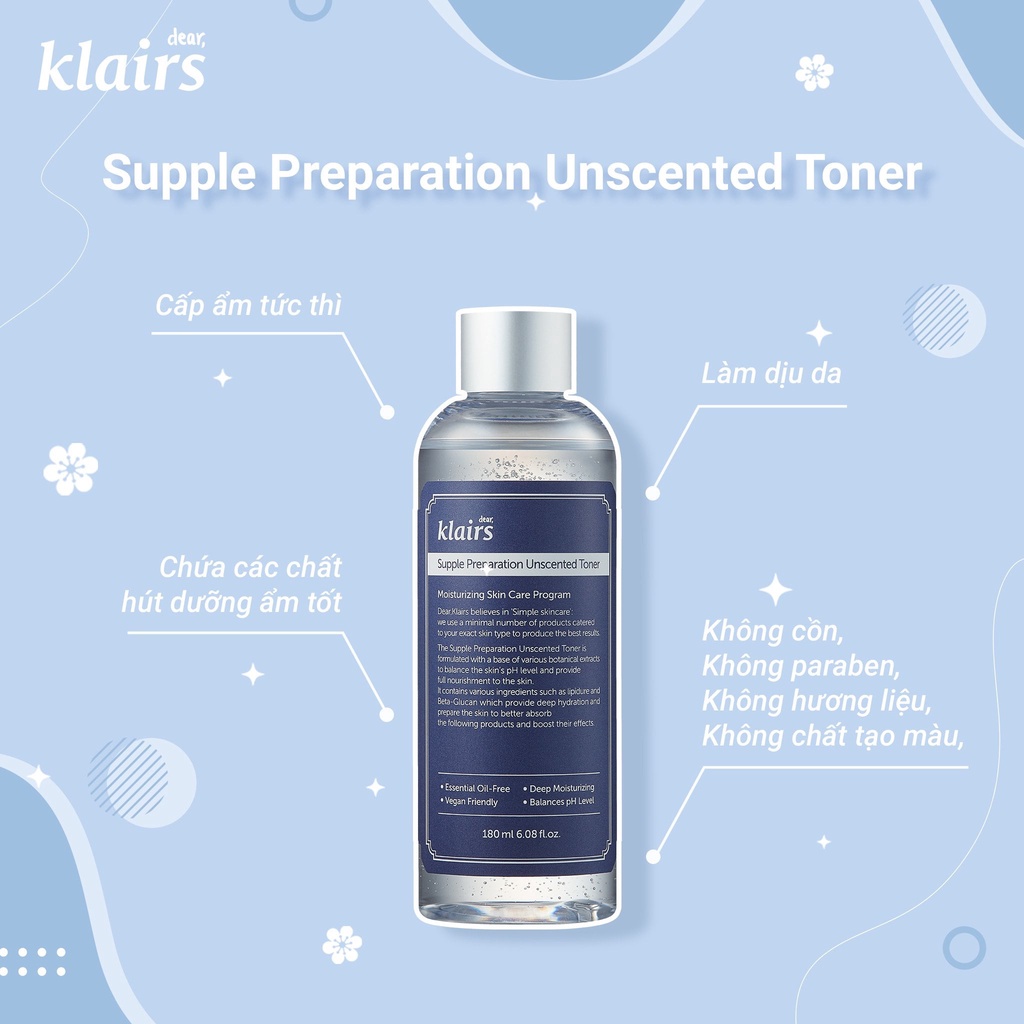 Nước hoa hồng Klairs Supple Preparation Unscented Toner - 180ml