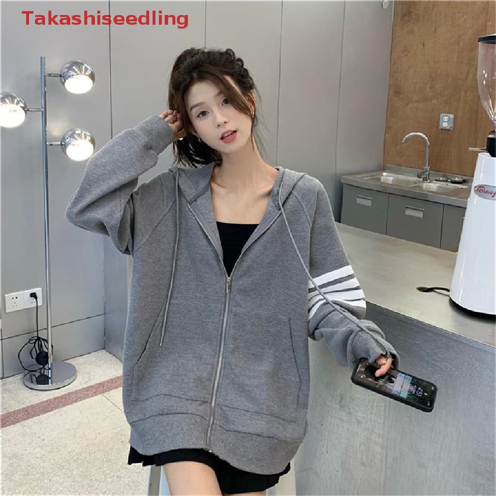 (Takashiseedling) Áo Khoác Sweatshirt Có Dây Kéo Tay Dài Màu Xám Kiểu Vintage Hàn Quốc Ngọt Ngào Cho Nữ