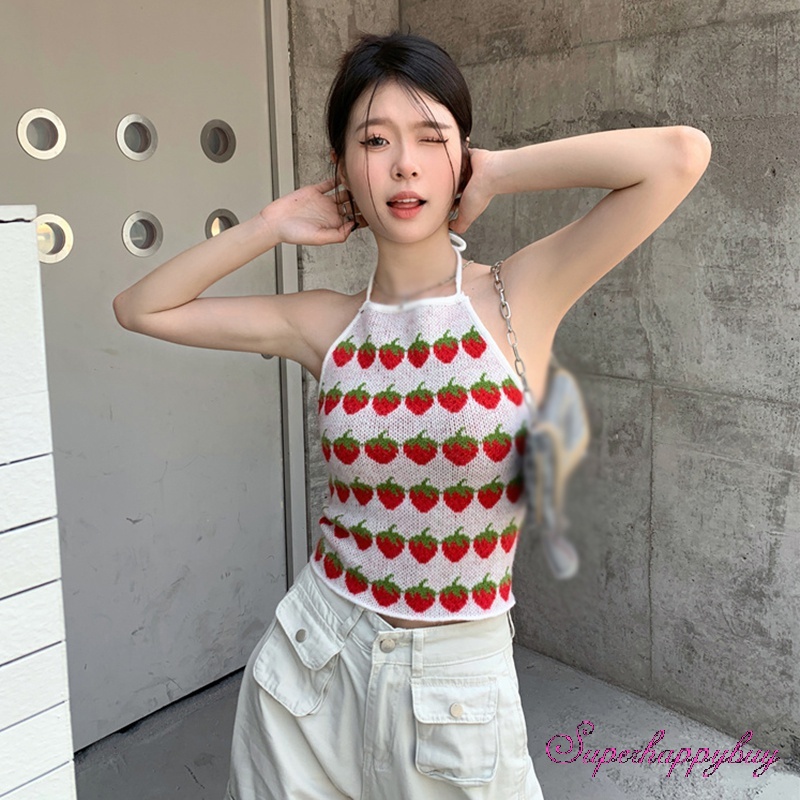 Áo Tank Top Dệt Kim Hai Dây Dáng Ôm In Họa Tiết Dâu Tây Xinh Xắn Thời Trang Cho Nữ