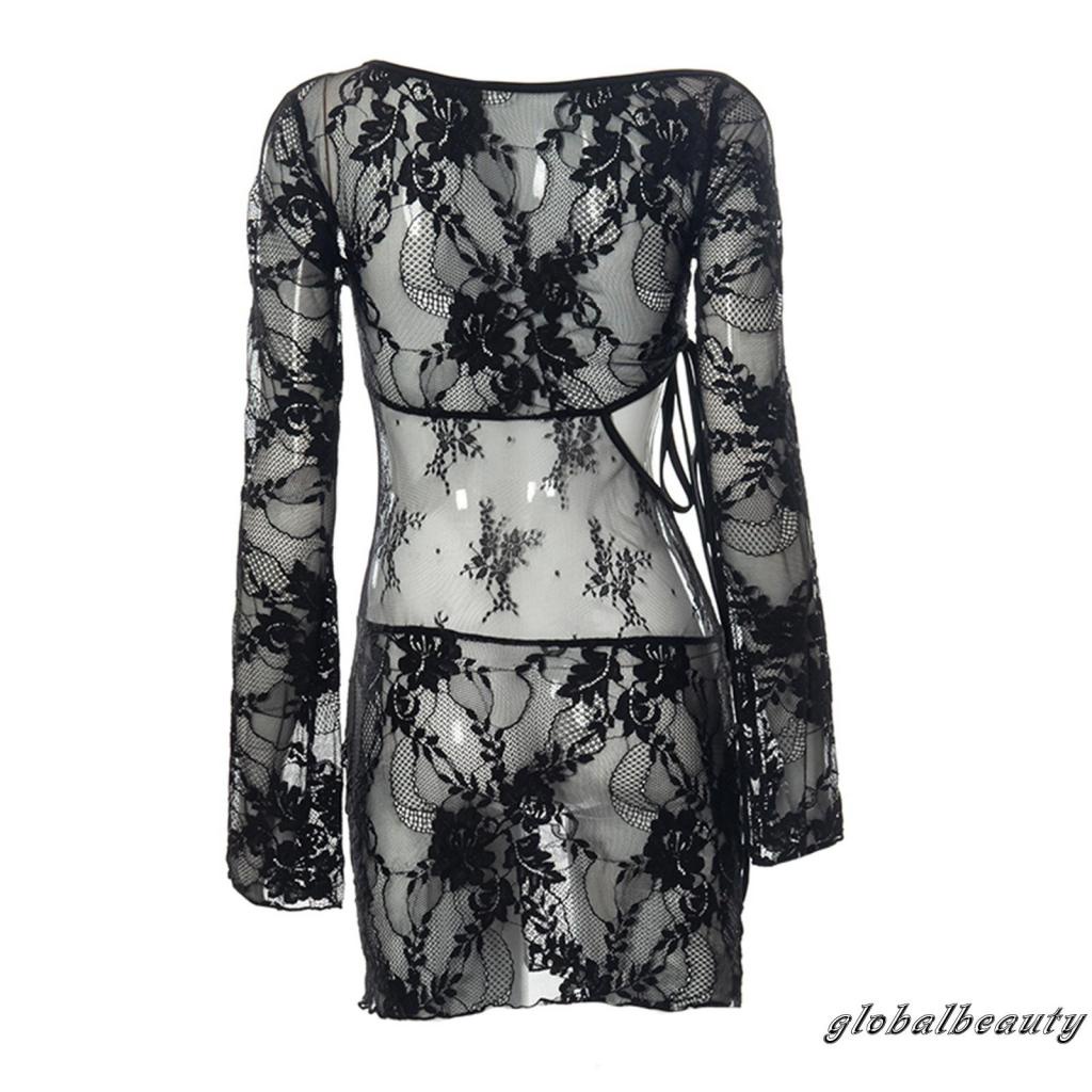 Gb-đầm Nữ Một Mảnh Tay Dài Màu Trơn Phối Ren Nhìn Thấy Thời Trang Mùa Hè S / M / L