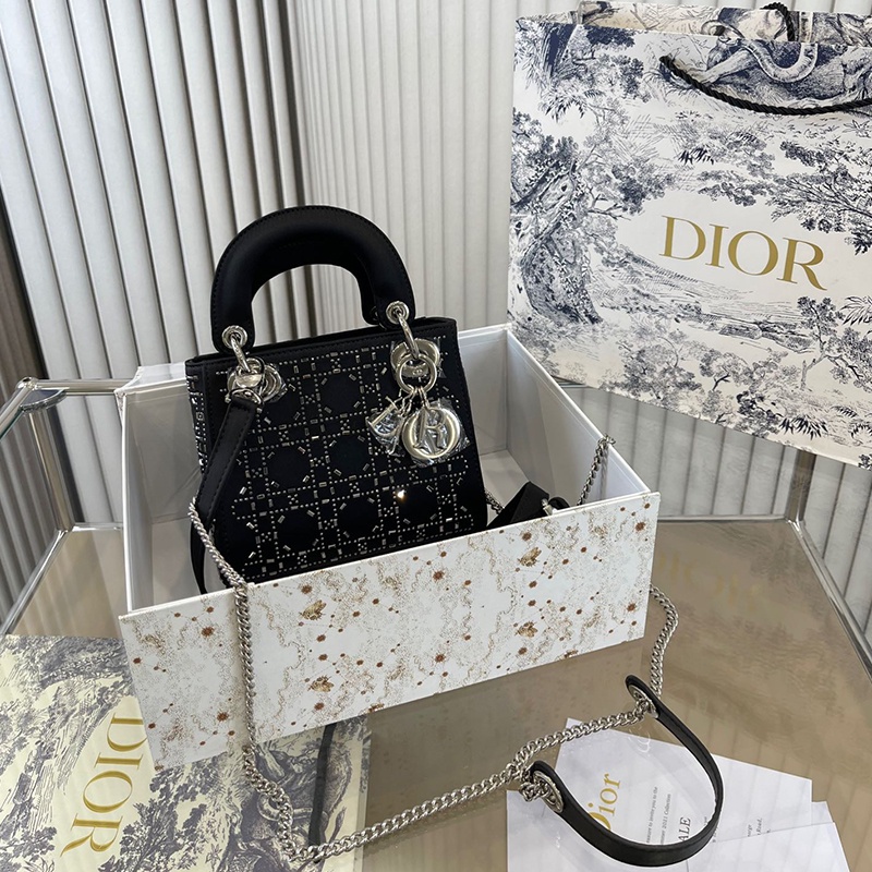 DOUE (with Box) Dior Mini LADY Bag Black Satin Cannage Crystal Tote Bag