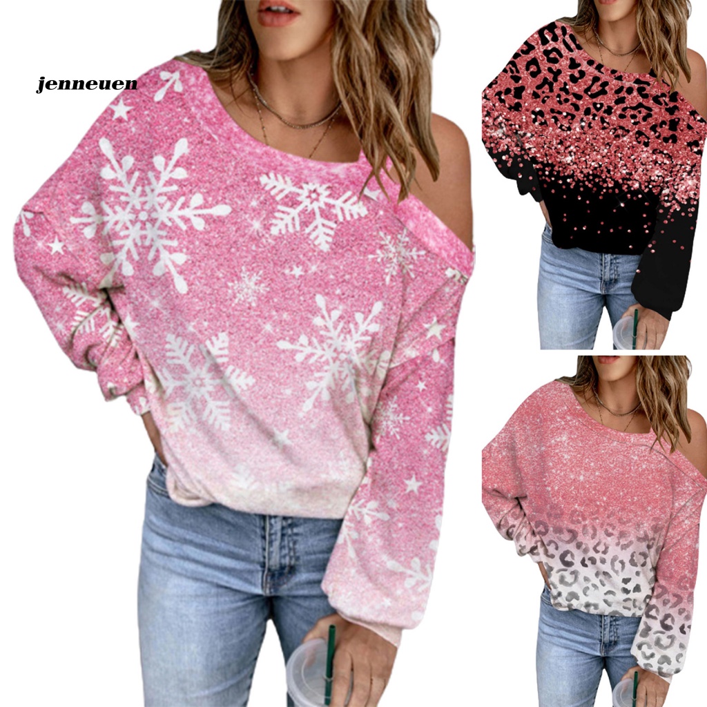 Áo Kiểu Tay Dài Trễ Vai Mềm Mại In Họa Tiết Bông Tuyết Lấp Lánh Thời Trang Xuân Thu Cho Nữ