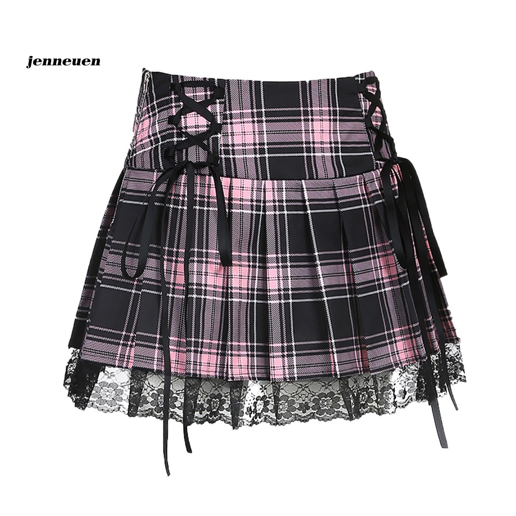 Chân Váy Ngắn Hóa Trang Mini Xếp Ly Phối Dây Cột Sọc Ca Rô Gợi Cảm Cho Nữ