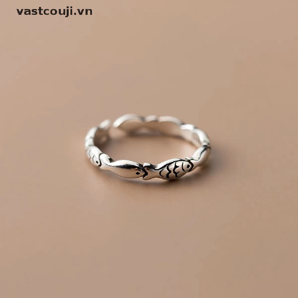 Nhẫn Hở Mạ Bạc Khắc Hình Cá Kiểu Vintage Sáng Tạo Có Thể Điều Chỉnh Kích Thước