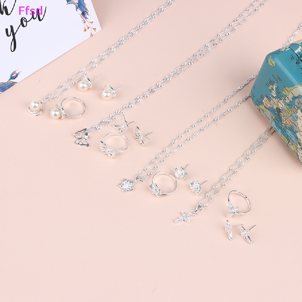 Bộ Trang Sức Vòng cổ / Nhẫn / Bông Tai Mạ Bạc Hình Hoa Bướm Đính Ngọc Trai Nhân Tạo Thời Trang Cho Nữ