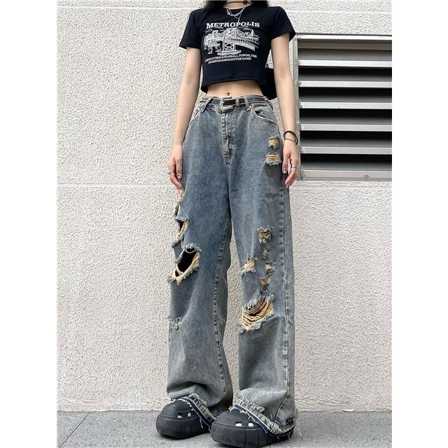 Jiashucheng Quần Jean Dài Lưng Cao Ống Rộng Phối Rách Kiểu Đường Phố Mỹ Cá Tính
