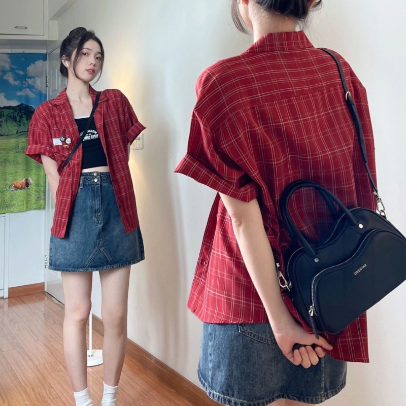 COZOK Áo Sơ Mi Tay Ngắn Dáng Rộng Họa Tiết Sọc Caro Phong Cách Vintage