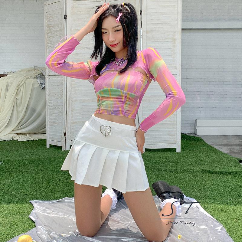 Bộ Áo Croptop Dài Tay Cổ Tròn + Áo Hai Dây Nhún Bèo CY03- Thời Trang Mùa Hè Cho Nữ