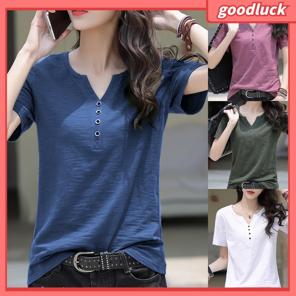 Áo Thun Cotton Tay Ngắn Cổ Tròn Màu Trơn Cài Nút Đơn Giản Dành Cho Nữ