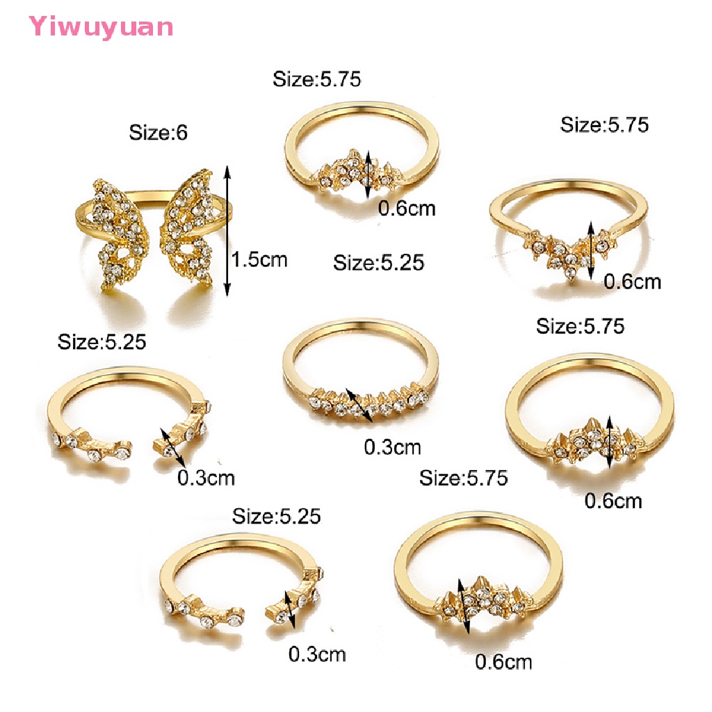 Bộ 8 Nhẫn Hở Đeo Khớp Ngón Tay Màu Vàng Hình Bướm / Bông Hoa Đính Đá Zircon Phong Cách Bohemian Đơn Giản Dành Cho Nữ Mới