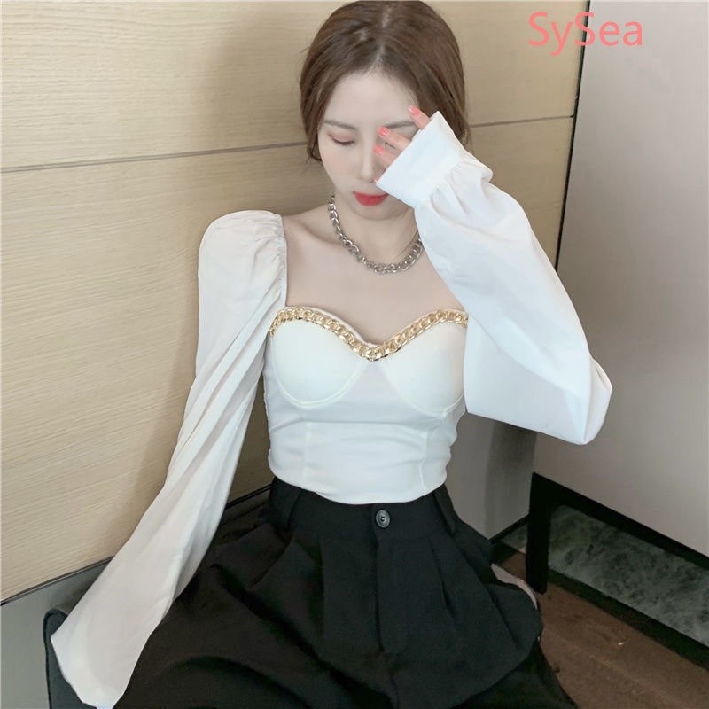 Áo Kiểu Tay Phồng Cổ Vuông Phối Dây Xích Phong Cách Hàn Quốc